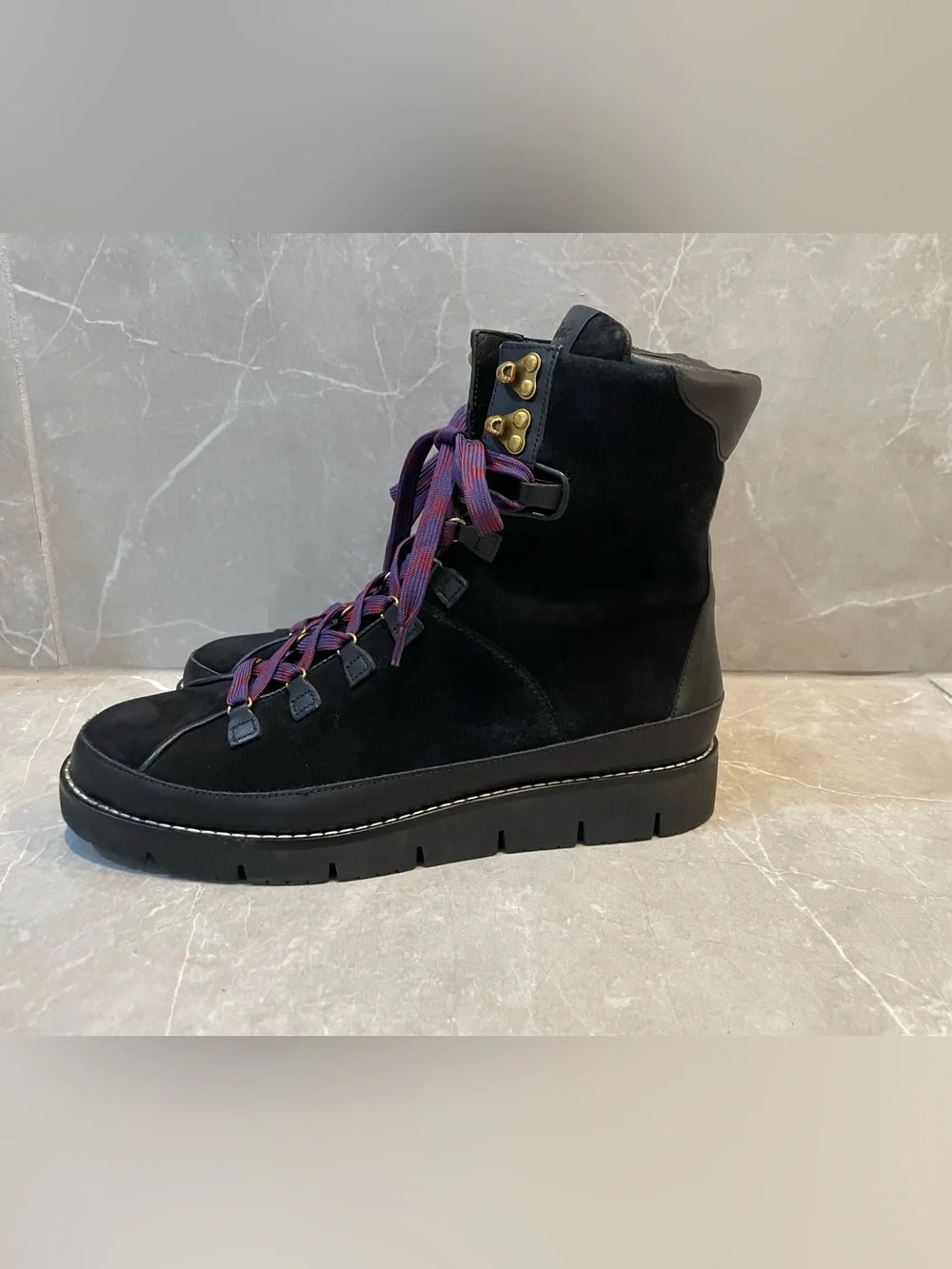J. Crew Elsa Black Women's Lace-Up Boots with Purple Accent Laces Size 8